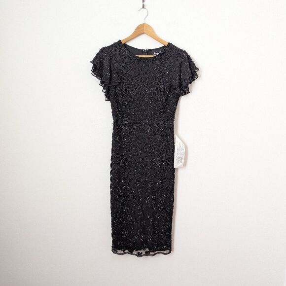 NWT Mac Duggal black sequin embellished floral flutter sleeve midi dress - Picture 2 of 6